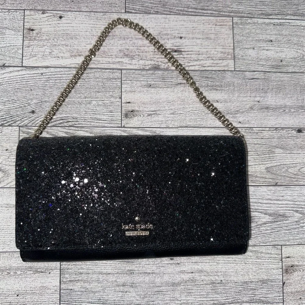 NWT Kate Spade Laurel Way Black‎ Glitter Chain Wallet Clutch w/ Detachable Strap